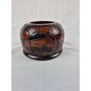 Vintage Hand Carved Wood Bowl Floral Design Dark Stain Boho Decor‎ Rustic
